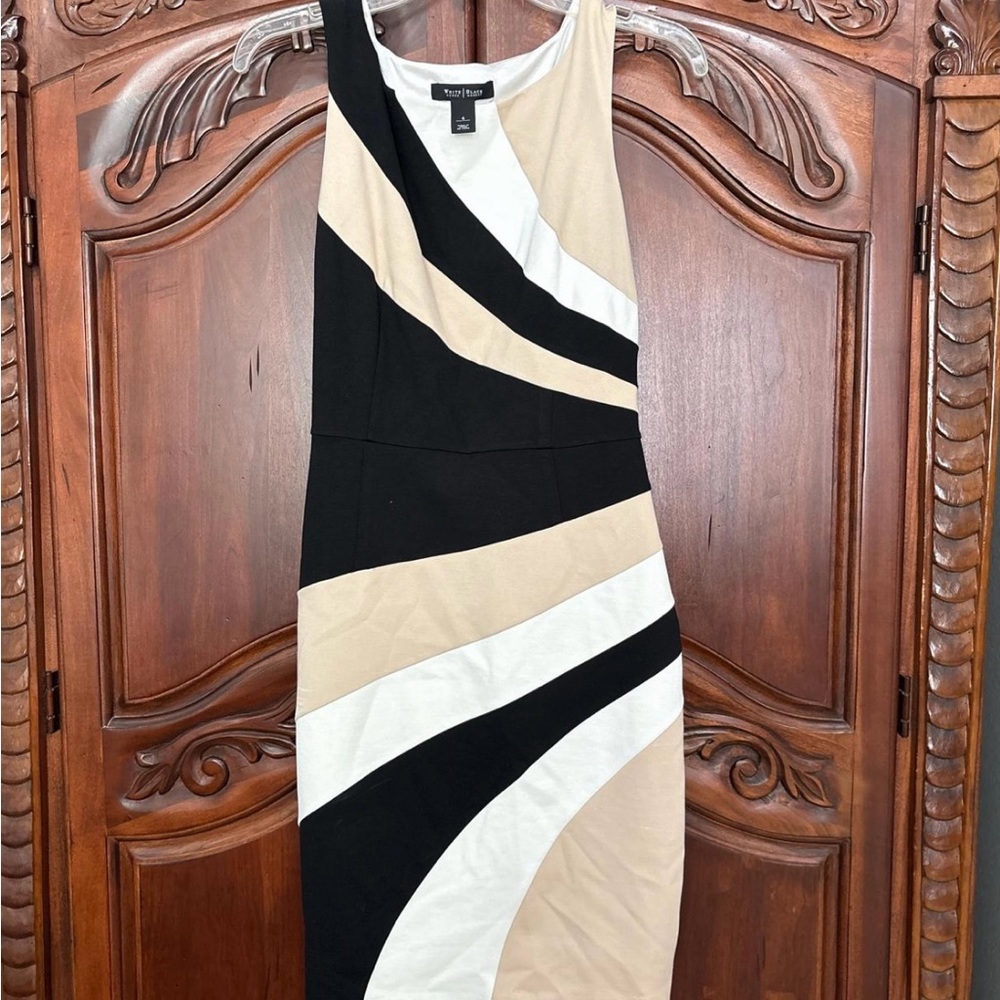 White House Black Market One Shoulder Dress - Black, White, Tan